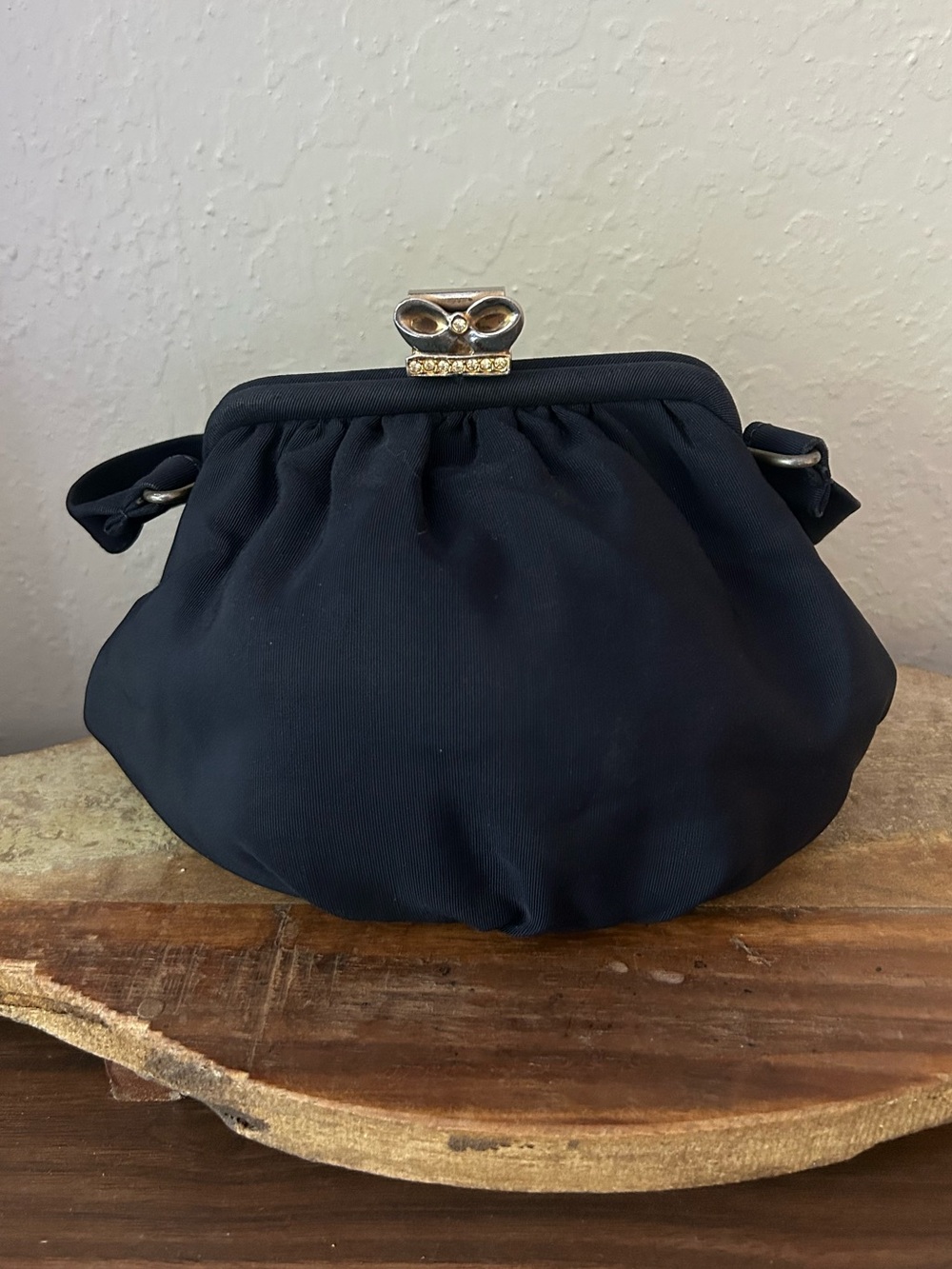 Vintage Black Nylon Handbag with Gold Bow Rhinestones Kiss-Lock, Round bottom